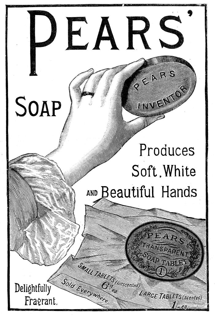 Vintage products advertisement for Pears Soap featuring a hand holding a soap tablet