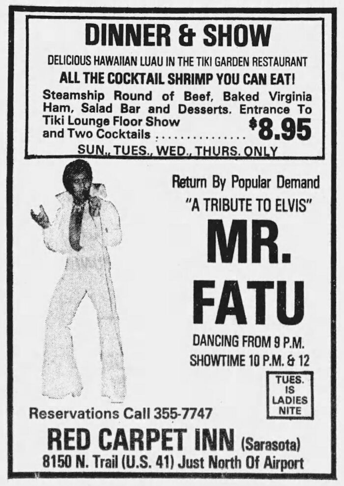 Vintage products ad for dinner and show with an Elvis tribute at Red Carpet Inn