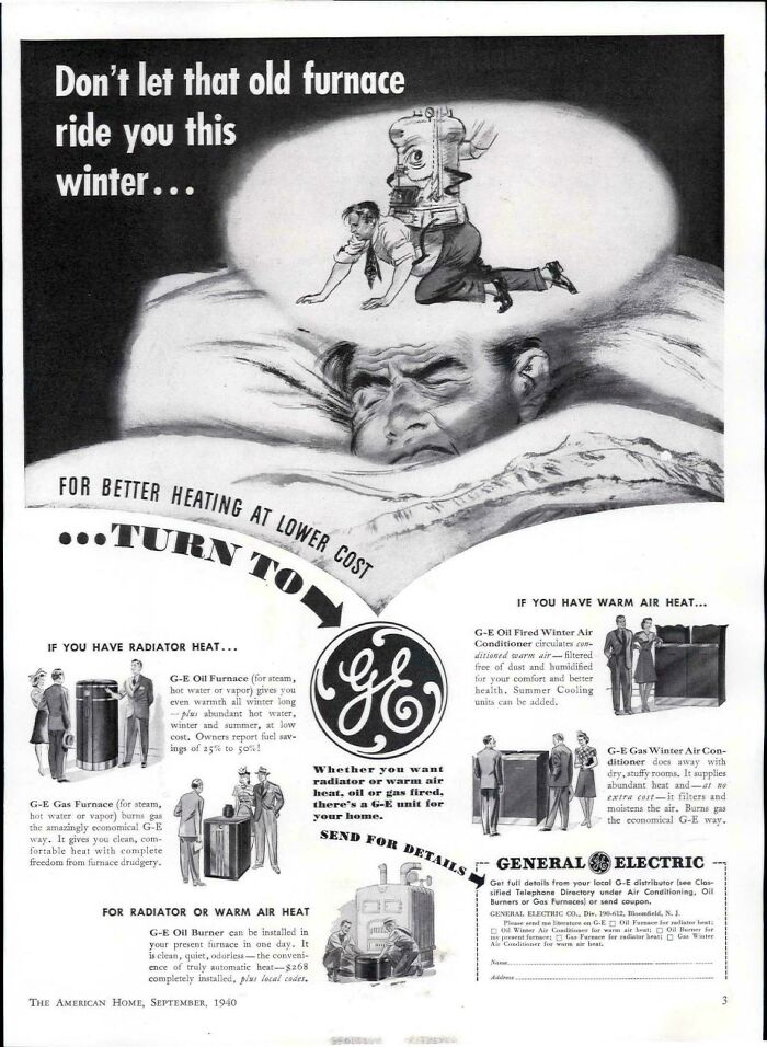 Vintage products advertisement for General Electric heating systems from 1940