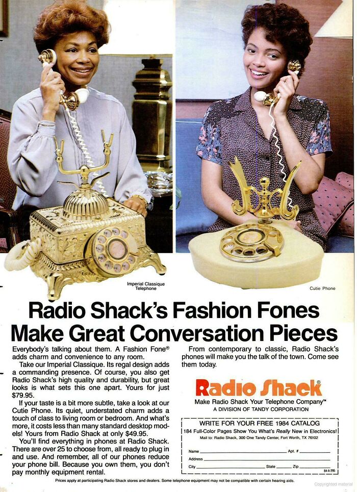 Radio Shack's Fashion Fones vintage products ad showing two women on ornate phones