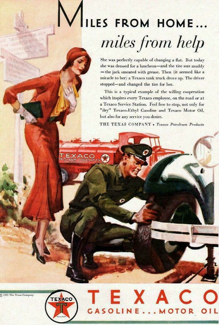 Vintage products advertisement for Texaco featuring a mechanic helping a woman