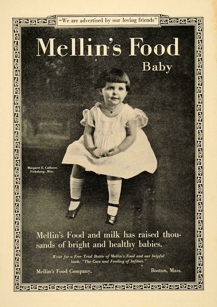 Vintage products ad for Mellin's Food featuring a baby girl in a white dress