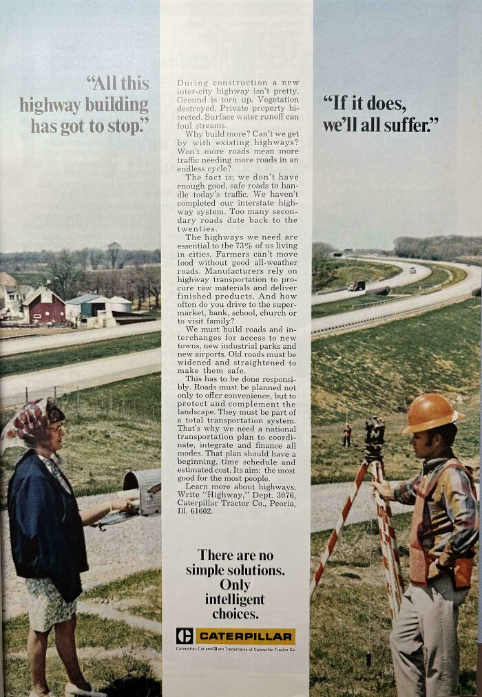 Retro Caterpillar print ad showcasing vintage products and highway construction discussions