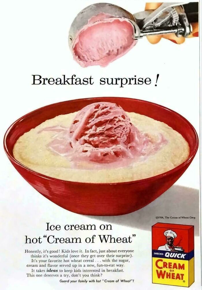 Vintage products ad featuring a scoop of pink ice cream on hot Cream of Wheat cereal