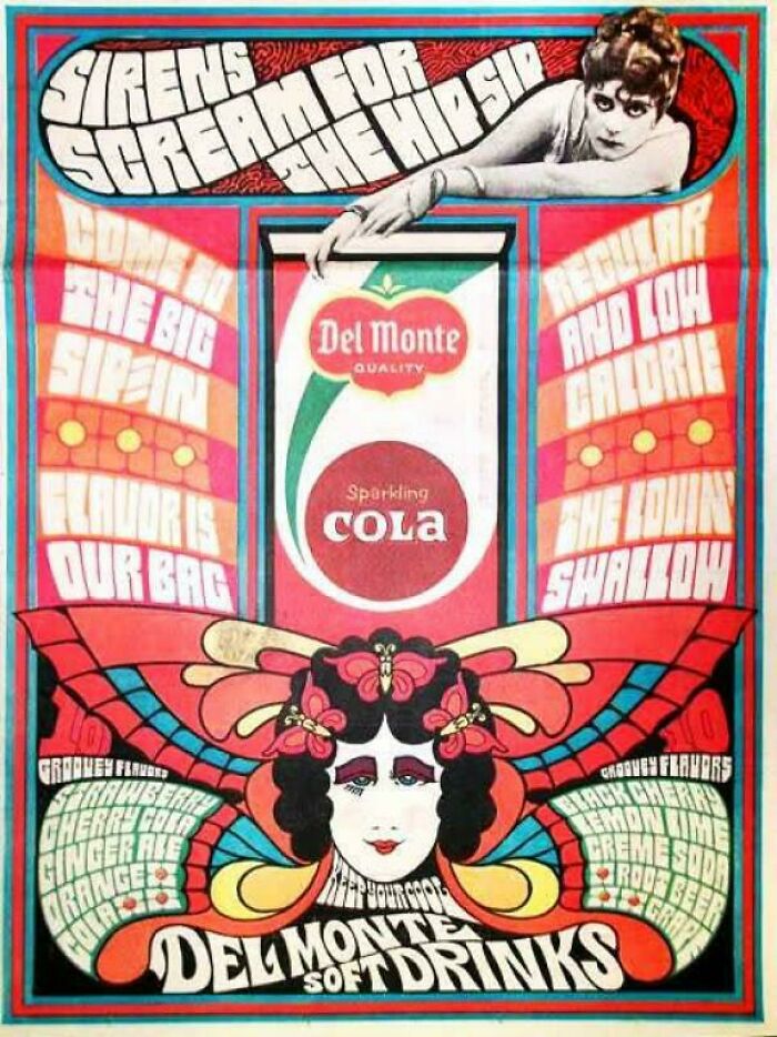 Psychedelic poster for Del Monte soft drinks representing odd vintage products