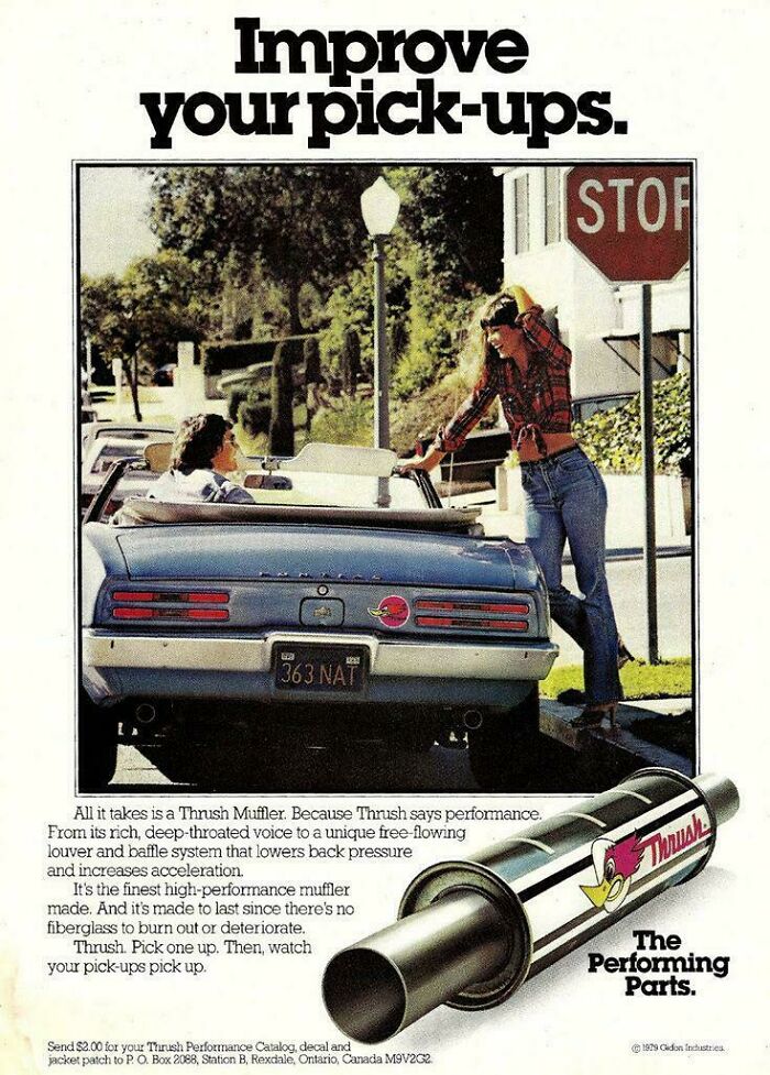 Vintage products advertisement for Thrush Muffler with a couple by a blue convertible