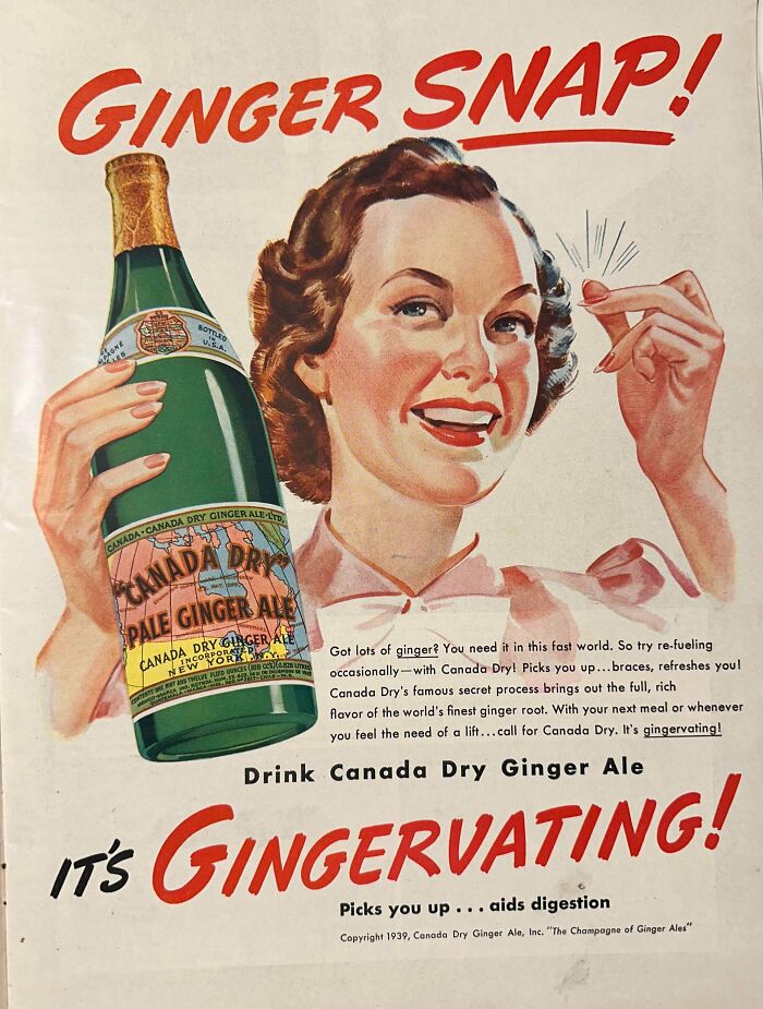 Vintage products ad for Canada Dry Ginger Ale featuring a smiling woman snapping her fingers