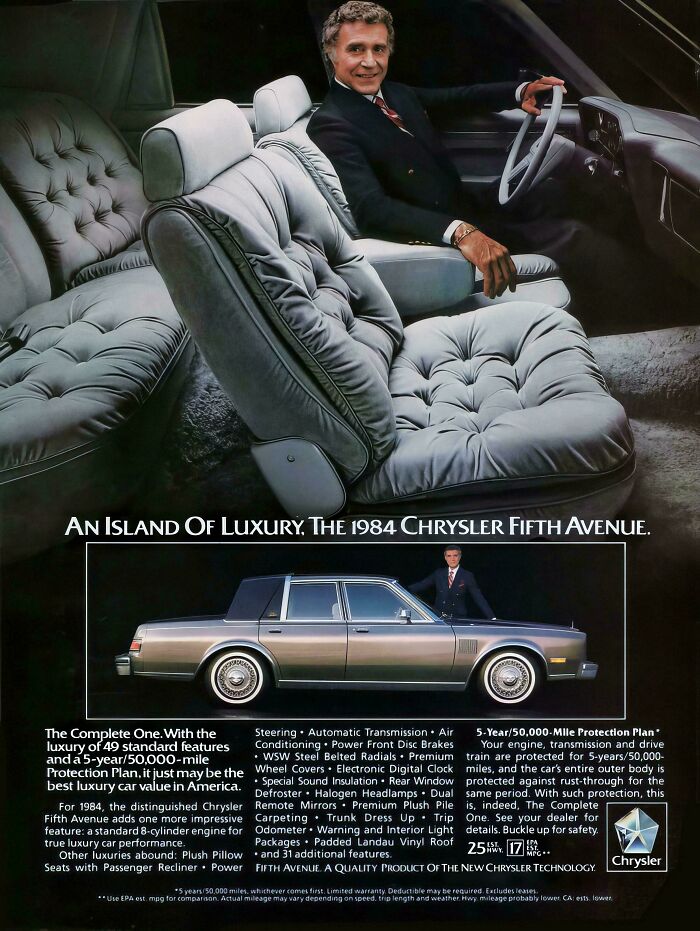 A 1984 Chrysler Fifth Avenue advertisement illustrating luxury car interiors as classic vintage products.