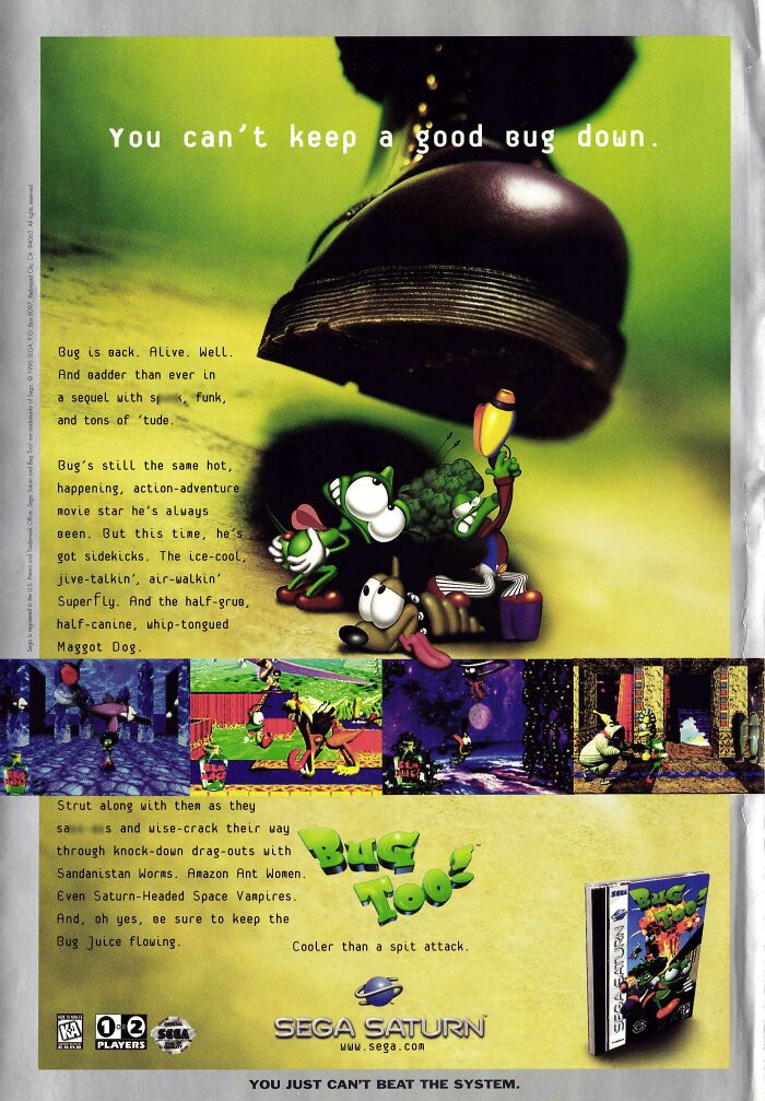 An old Sega Saturn game print ad featuring Bug Too, representing quirky vintage products.