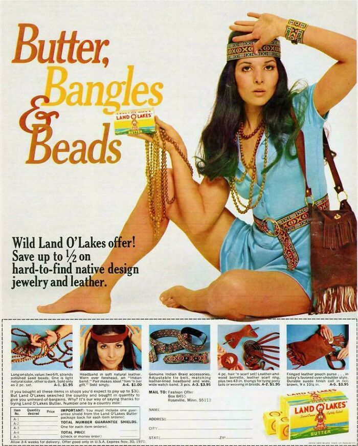 A vintage advertisement showcasing native design jewelry from Land O Lakes as odd vintage products.