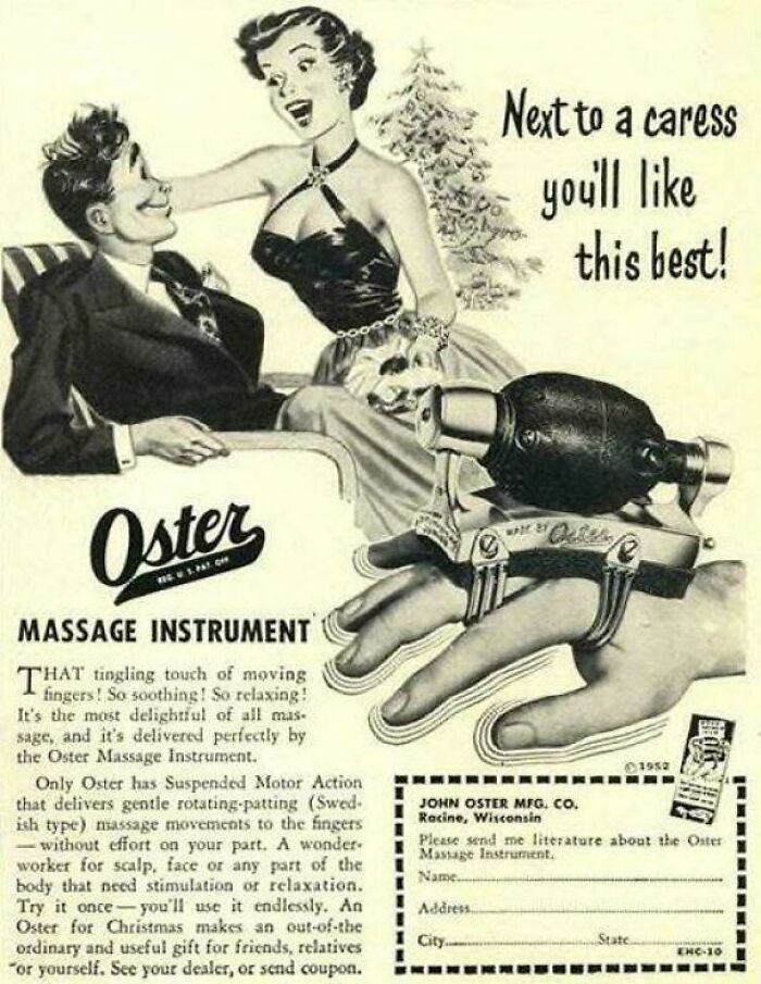 An old-fashioned advertisement for a hand massager, highlighting unique vintage products from decades ago.