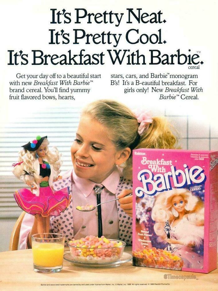 A retro print ad for a Barbie-themed breakfast cereal, showing popular vintage products for kids.