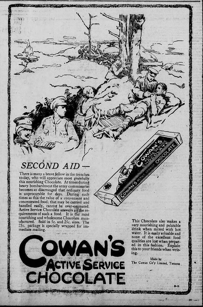 An old newspaper advertisement showing military figures eating chocolate, classified as vintage products.