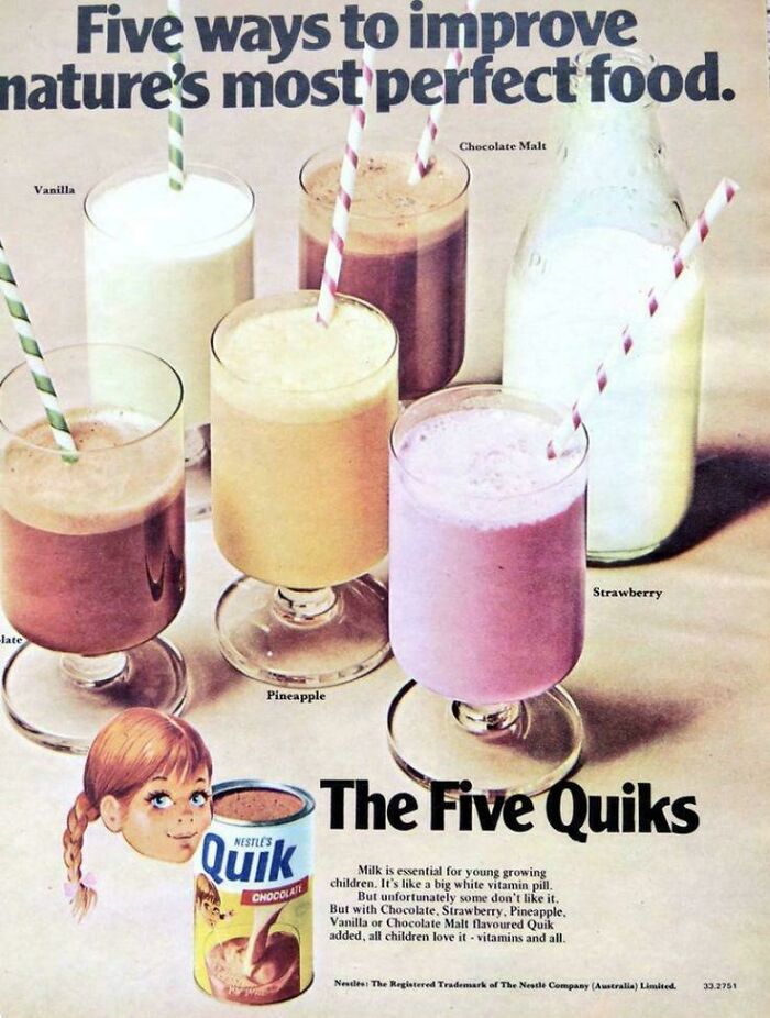 A classic vintage advertisement showcasing colorful milkshakes as vintage products from the past.