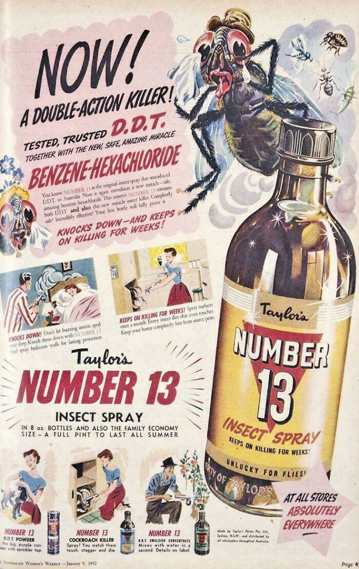 A 1952 Australian magazine ad for Taylor's Number 13 insect spray, showcasing vintage products of the era.