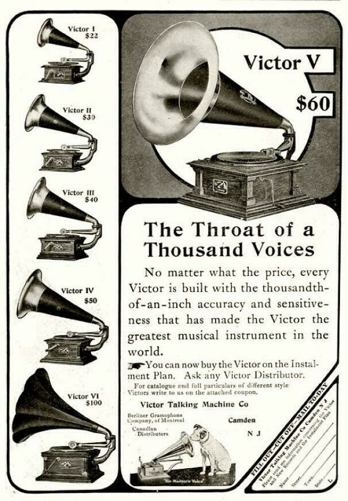A classic newspaper advertisement showing several models of Victor gramophones as vintage products.