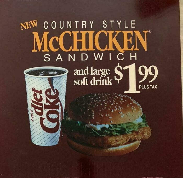 An old advertisement for the McChicken sandwich and Diet Coke, showing vintage products pricing at 1.99.
