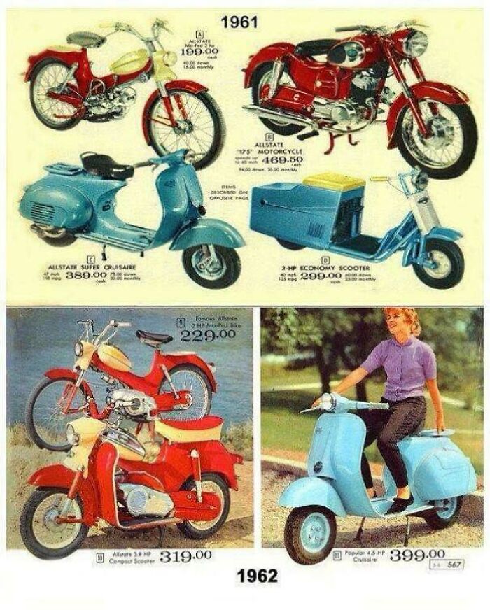 A vintage products catalog page featuring 1961 and 1962 Allstate motorcycles and scooters.