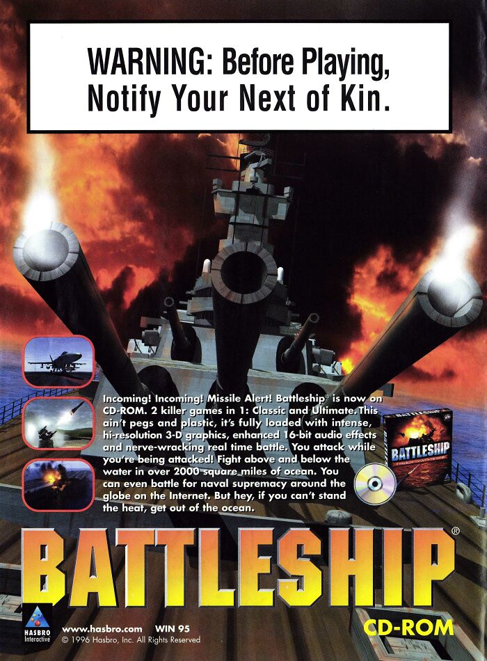 A 1990s vintage video game print ad for Battleship on CD-ROM featuring a large naval warship with smoking guns