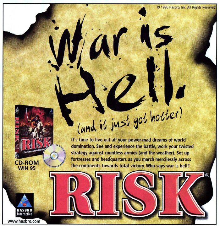 Classic 1996 Risk PC game advertisement highlighting vintage products