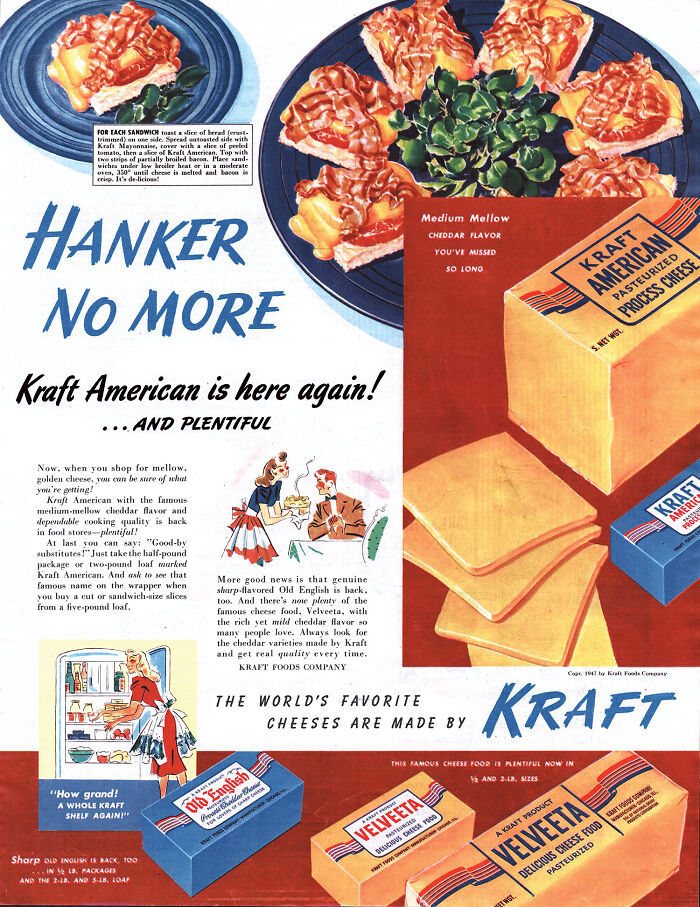 Vintage products advert showing retro Kraft American processed cheese