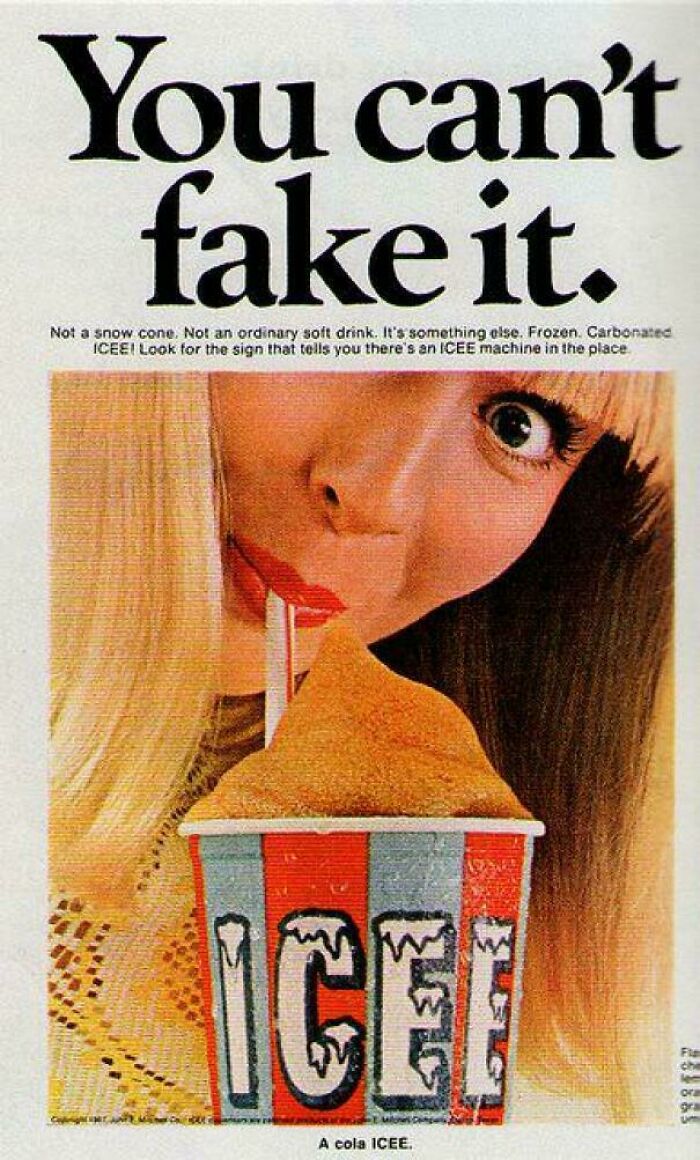 Retro 1960s advertisement for a cola ICEE showing a close-up of a woman drinking with a straw