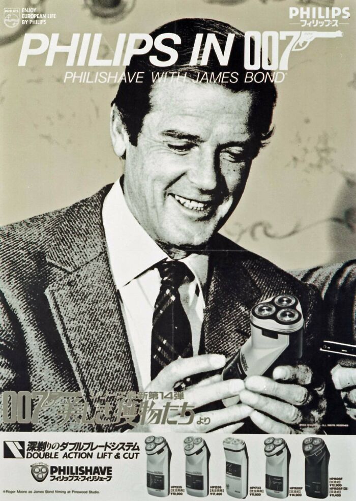 Vintage products ad with Roger Moore holding a Philips Philishave
