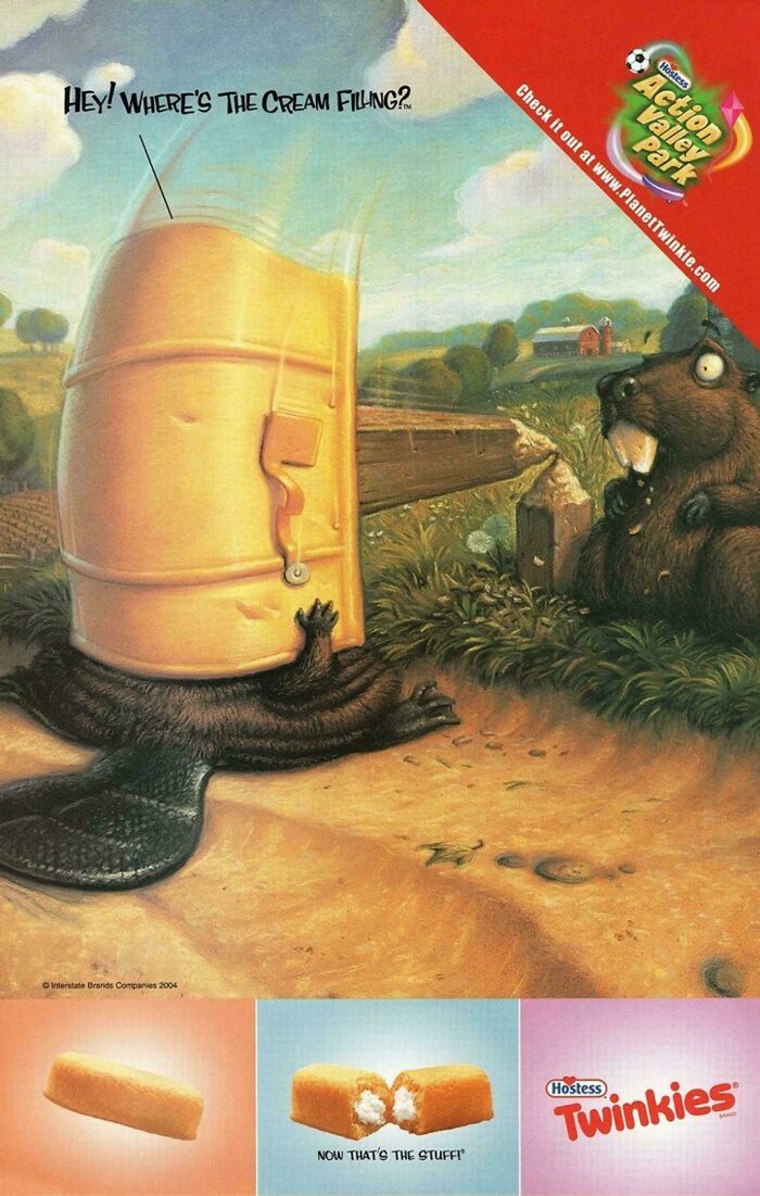 A funny vintage Hostess Twinkies advertisement illustration showing a beaver trying to eat a giant Twinkie