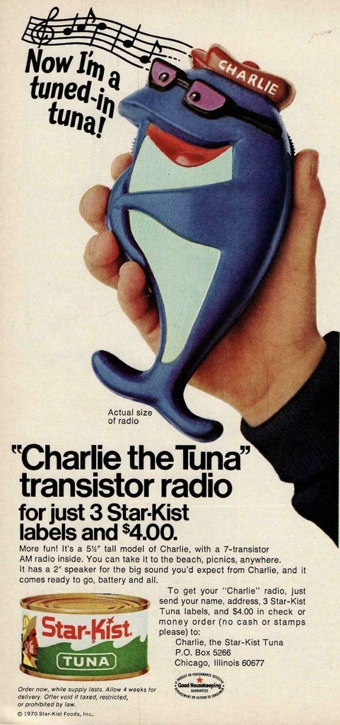 A retro print advertisement for the Charlie the Tuna transistor radio, showcase of vintage products.