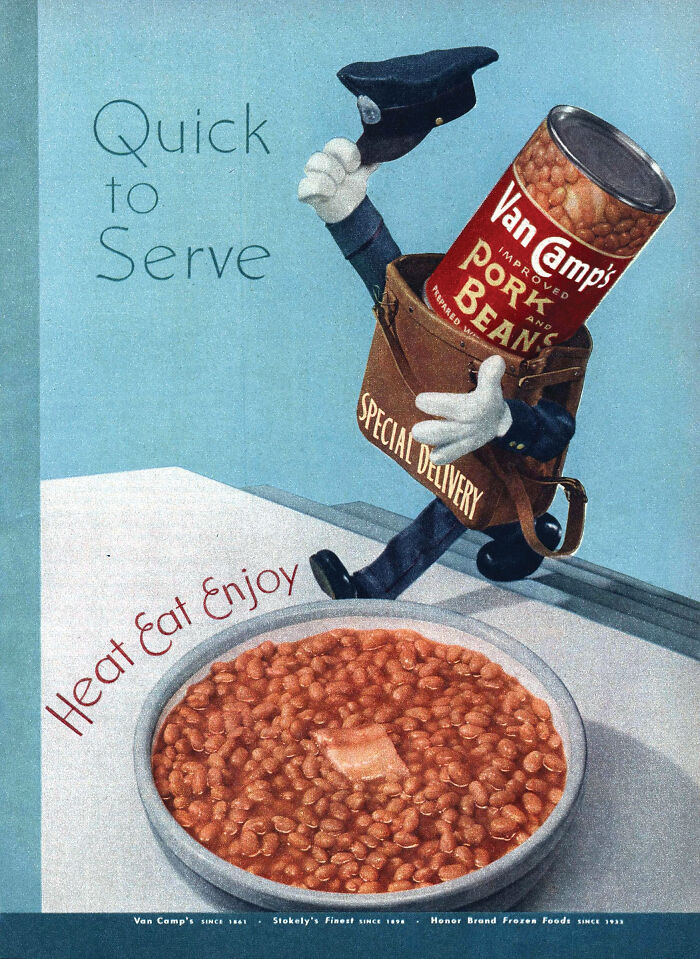 A retro Van Camp's pork and beans advertisement showing a cartoon can character, among vintage products.