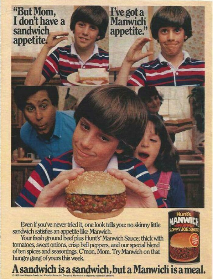 An old Hunt's Manwich advertisement with a boy holding a sloppy joe, a classic vintage product.
