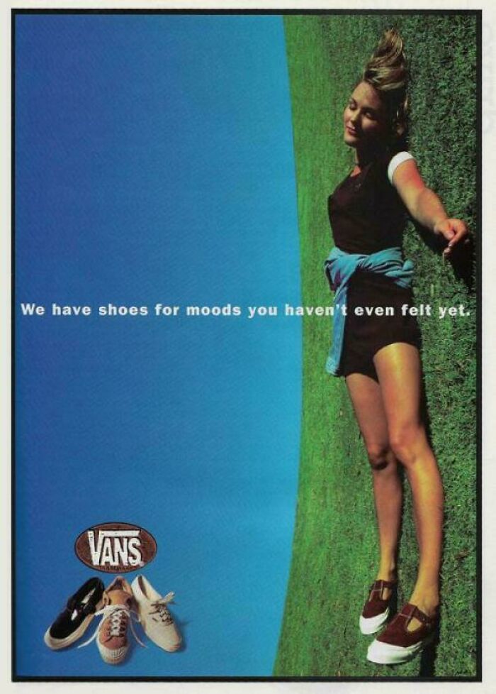 A vintage Vans shoes advertisement featuring a woman lying on grass, representing vintage products.
