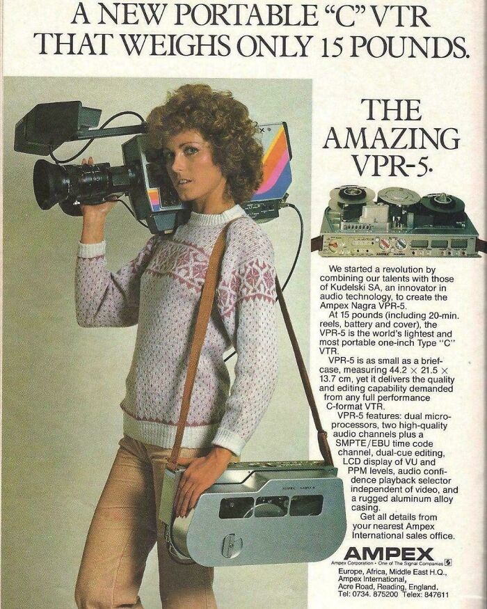 Vintage products advertisement for a portable VTR video recorder camera system from Ampex.
