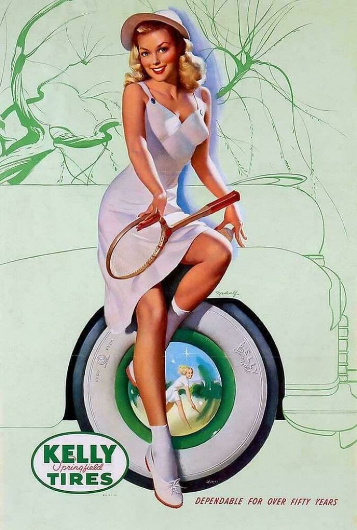 Vintage products advertising illustration of a woman with a tennis racket on a Kelly Springfield tire.
