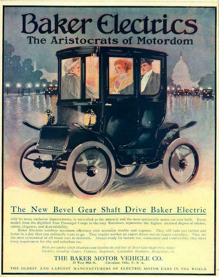Classic print ad for Baker Electrics, illustrating fascinating vintage products from early automotive history.