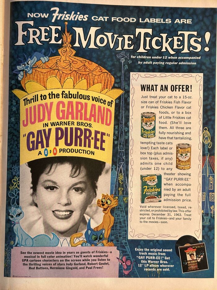 Colorful vintage products advertisement featuring Judy Garland for Gay Purr-ee movie tickets.