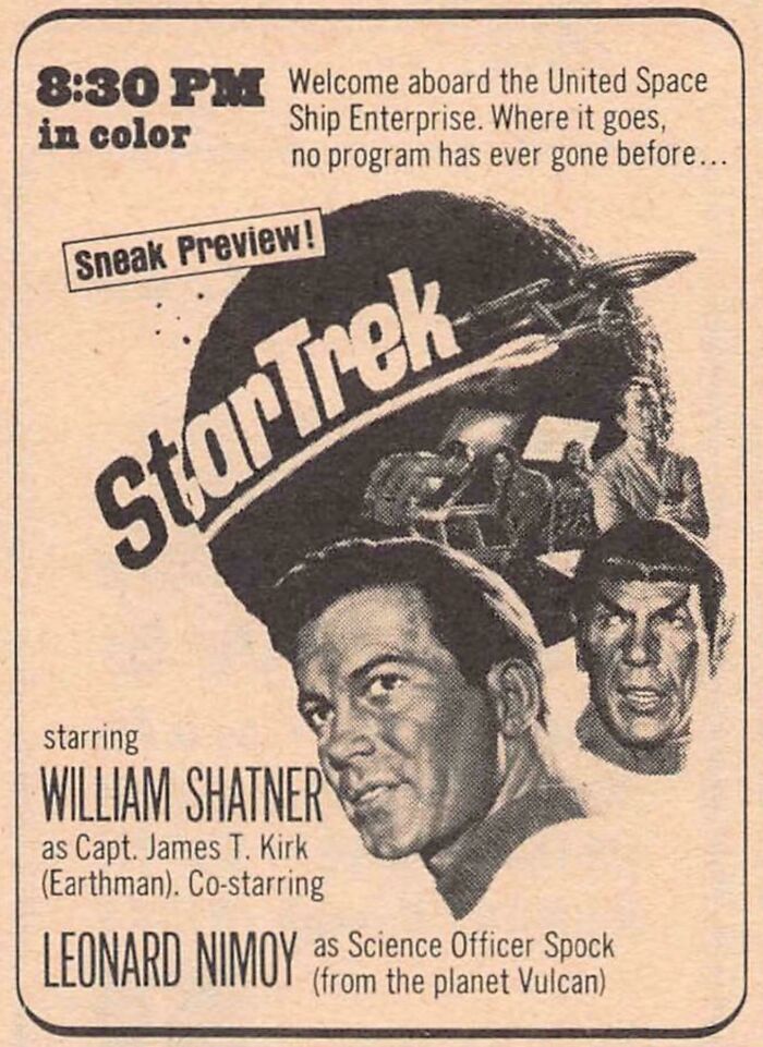 Retro print advertisement for Star Trek, showing fascinating vintage products of television history.
