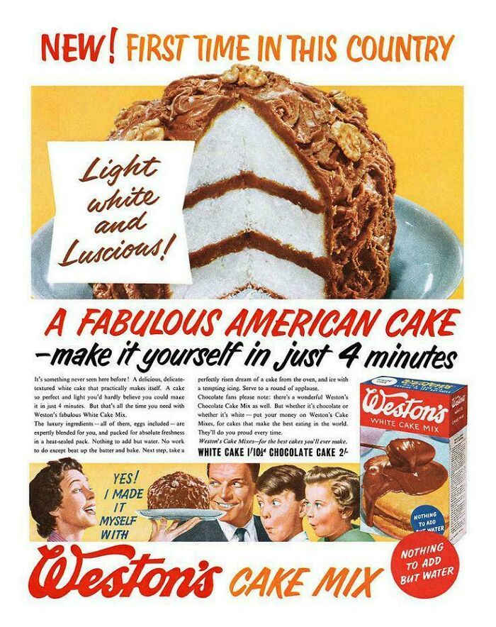 Weston's cake mix vintage advertisement showing a white cake with chocolate frosting.