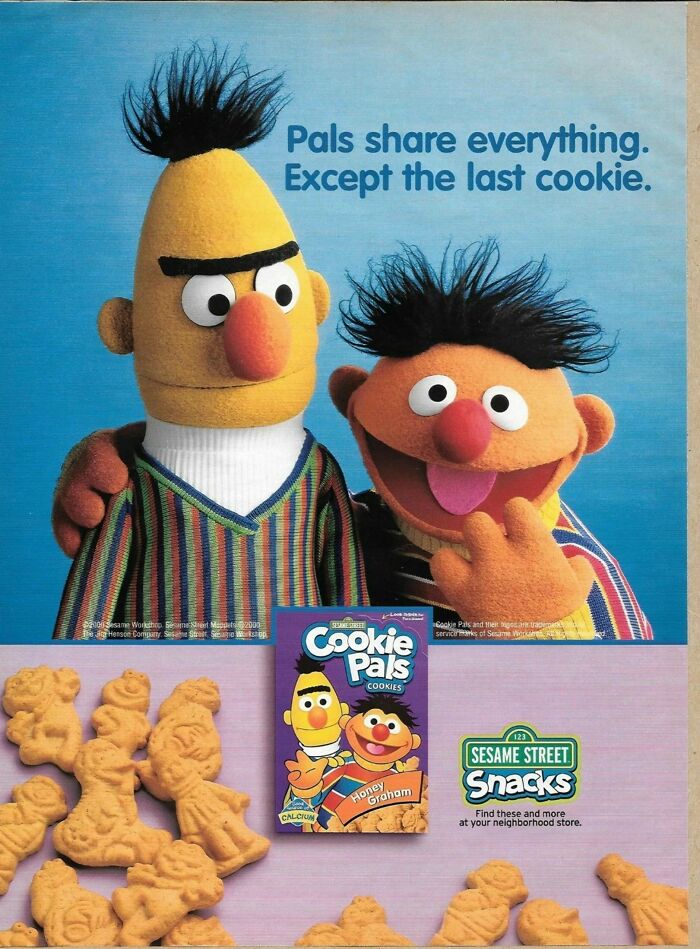 Bert and Ernie Sesame Street Cookie Pals advertisement with character-shaped cookies. Vintage products.