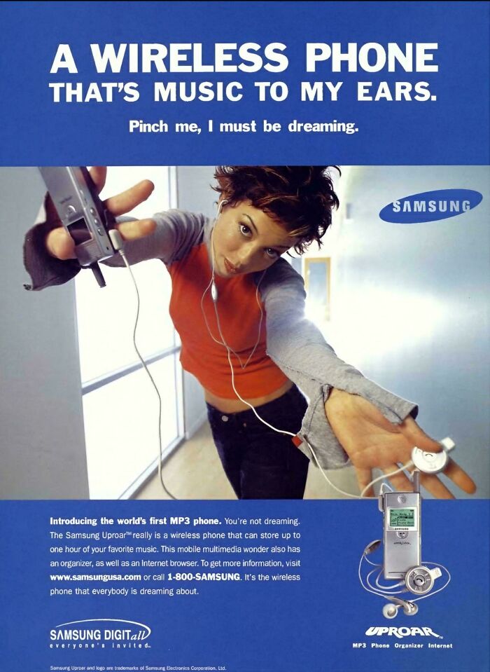 An old Samsung Uproar MP3 phone advertisement featuring a woman with headphones. Vintage products.