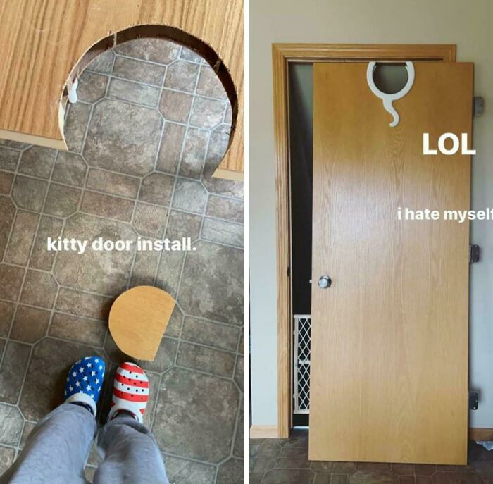 Side-by-side images showing a failed kitty door install DIY project on the top of a door instead of the bottom.