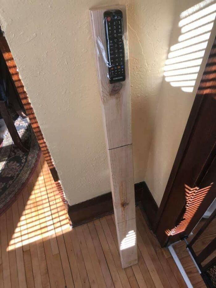Simple DIY projects showcasing a TV remote taped to a long wooden plank to prevent losing it