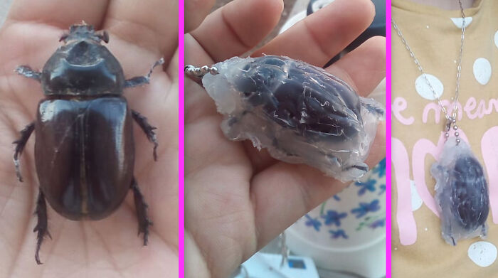 A unique DIY project showcasing a large beetle preserved in a hot glue mold to make a necklace.