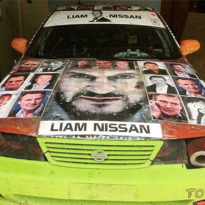 A green car decorated with a funny Liam Neeson meme, showing creative DIY projects.