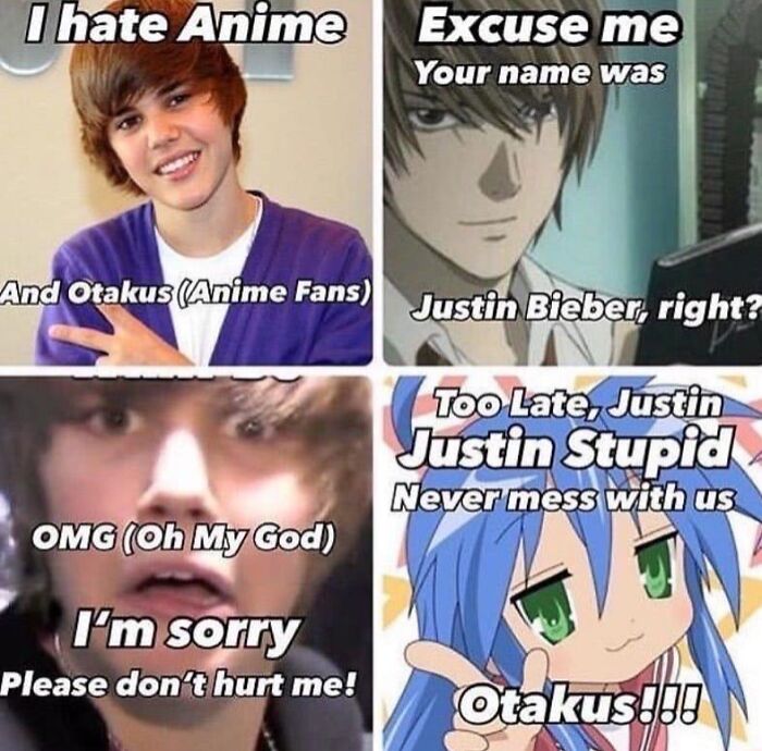 Four-panel cringe meme with Justin Bieber and anime characters showing awkward fan interaction.