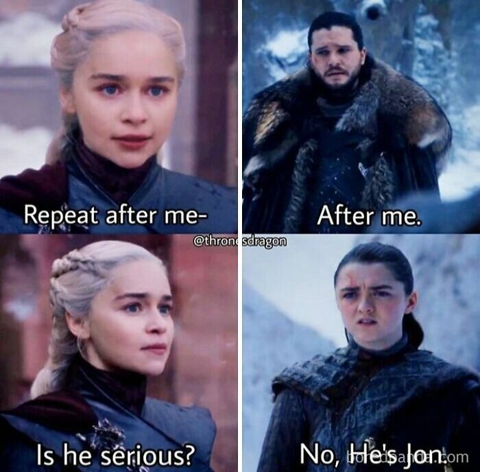 Four-panel cringe Game of Thrones meme with Daenerys, Jon Snow, and Arya making a name pun.