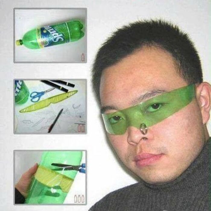 A man wearing futuristic glasses made of a plastic bottle as a creative DIY project.