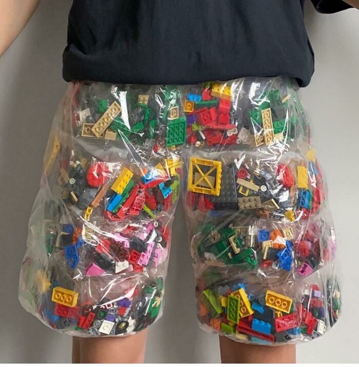 A person wearing clear plastic shorts filled with Lego bricks as one of many DIY projects