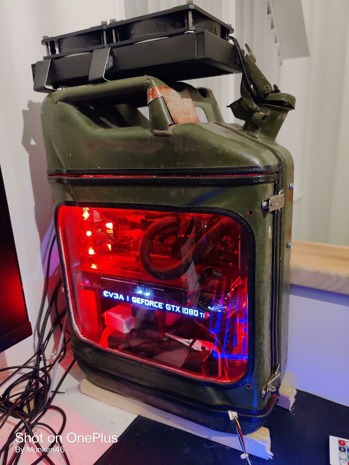 Creative DIY projects showing a custom PC built inside an old military jerrycan