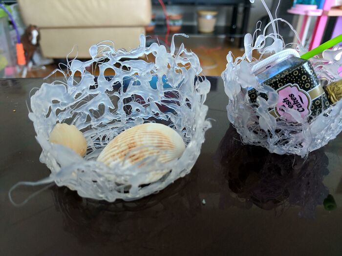 Failed DIY Projects attempt at making hot glue gun bowls filled with seashells.